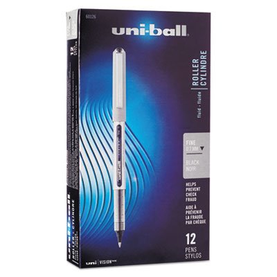 Uni-Ball Vision Roller Ball Stick Waterproof Pen, Black Ink, Fine, Dozen SAN60126