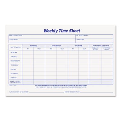 Tops Weekly Time Sheets, 5 1/2 x 8 1/2, 100/Pad, 2/Pack TOP30071