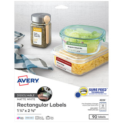 Avery White Dissolvable Labels w/ Sure Feed, 1 1/4 x 2 3/8, White, 90/PK AVE4224