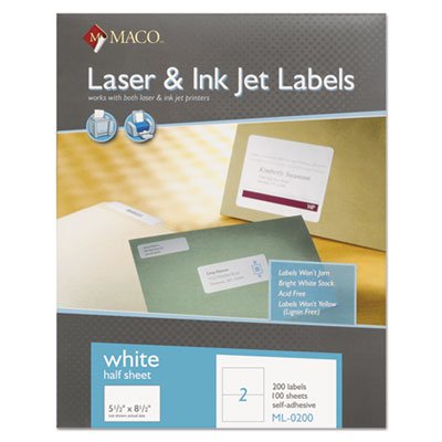 Maco ML0200 White Laser/Inkjet Internet Shipping Labels, 5 1/2 x 8 1/2, 200/Box MACML0200