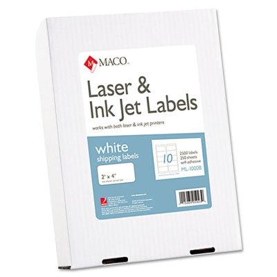 Maco MML-1000B White Laser/Inkjet Shipping & Address Labels, 2 x 4, 2500/Box MACML1000B