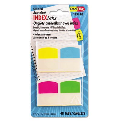 Redi-Tag Write-On Self-Stick Index Tabs, 1 1/16 Inch, 4 Colors, 48/Pack RTG33148