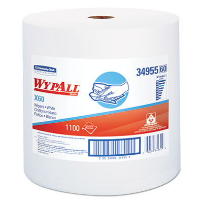 WypAll X60 Cloths, Jumbo Roll, White, 12 1/2 x 13 2/5, 1100 Towels/Roll KCC34955