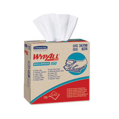 WypAll X60 Cloths, POP-UP Box, White, 9 1/8 x 16 7/8, 126/Box, 10 Boxes/Carton KCC34790CT